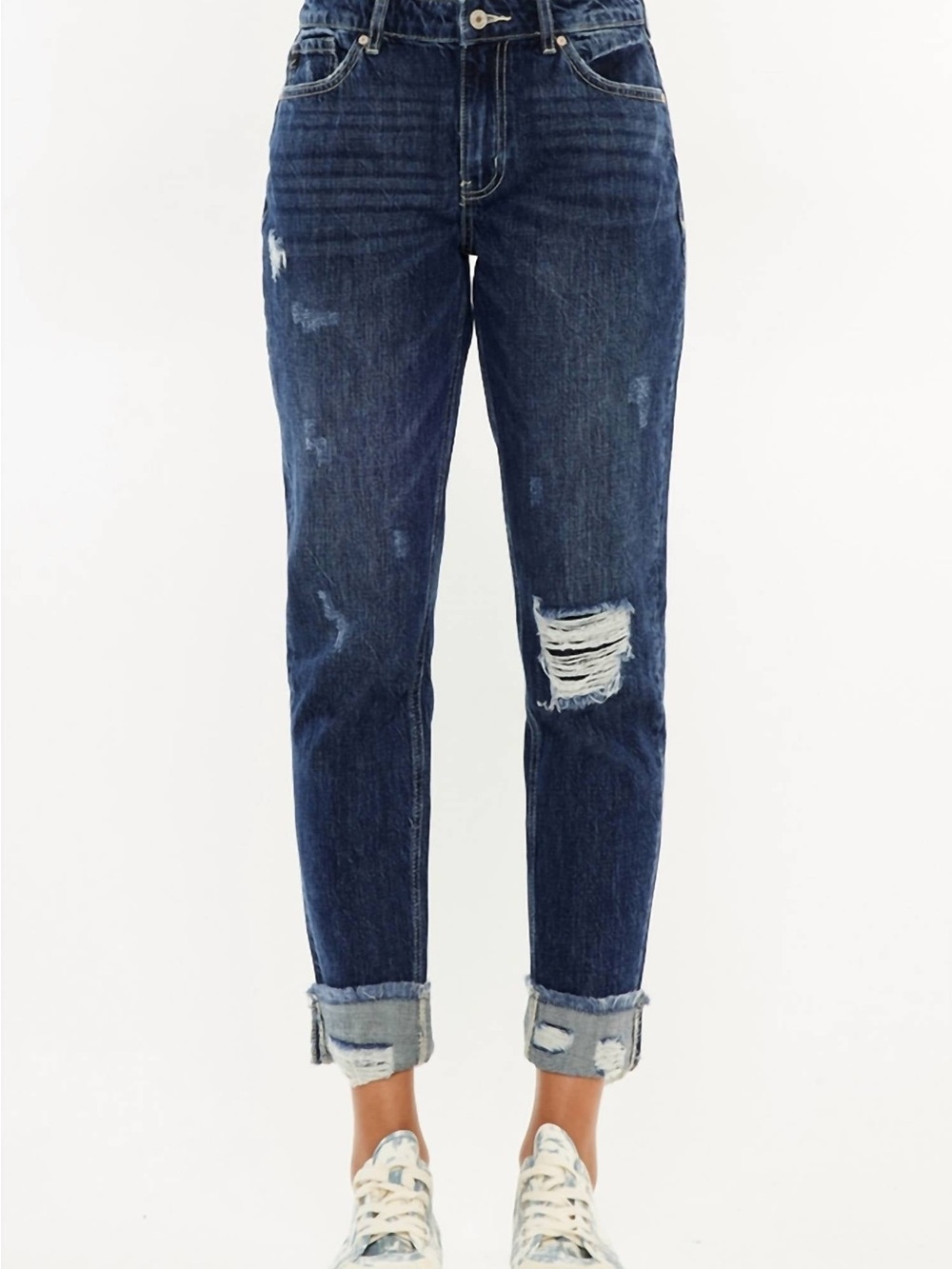 KanCan Dark Blue Distressed Boyfriend Jeans with Rolled Cuffs
